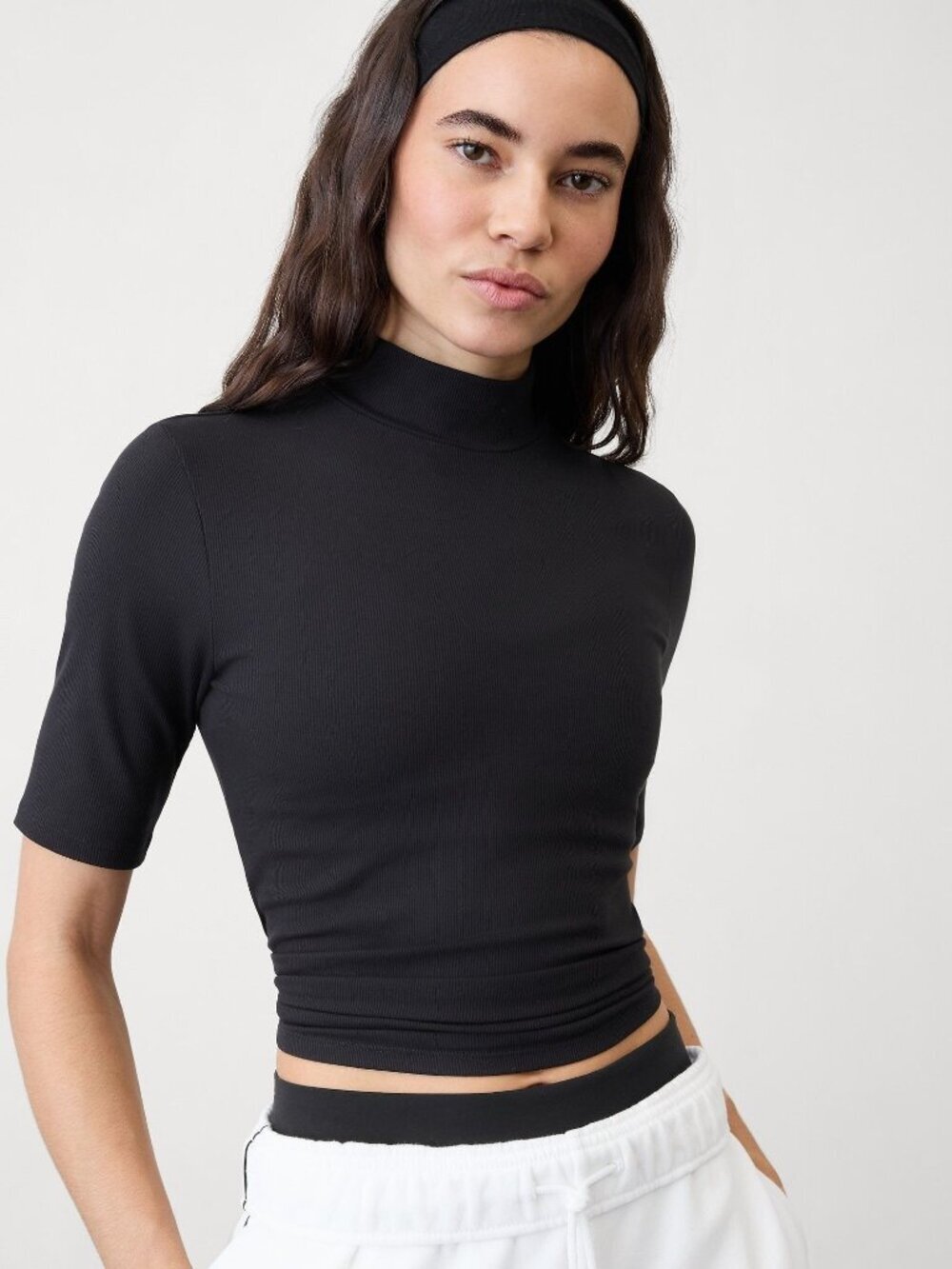 Signature Rib Mock Neck Elbow Sleeve Tee Black XXS